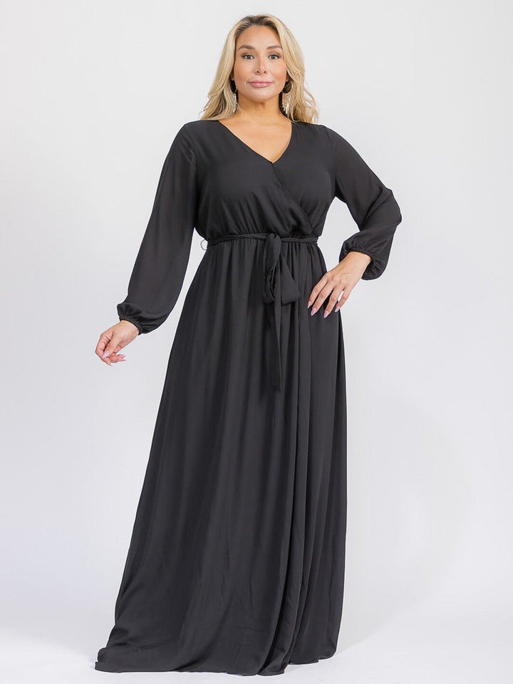 PUS SIZE LONG SLEEVE SELF TIE SURPLICE MAXI GOWN DRESS