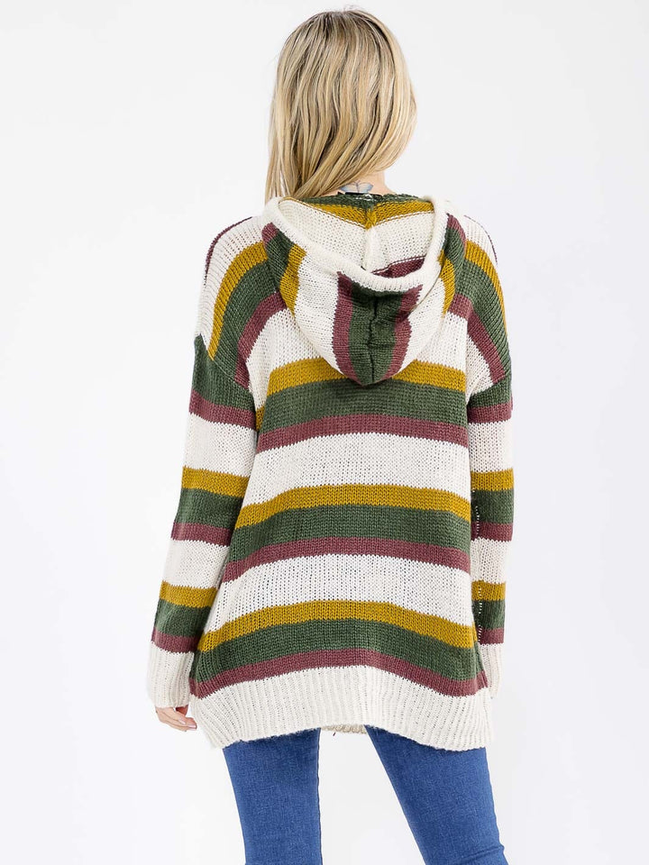 WOMEN'S LONG SLEEVE HOODED OVERSIZED PULLOVER COLORBLOCK STRIPES SWEATER