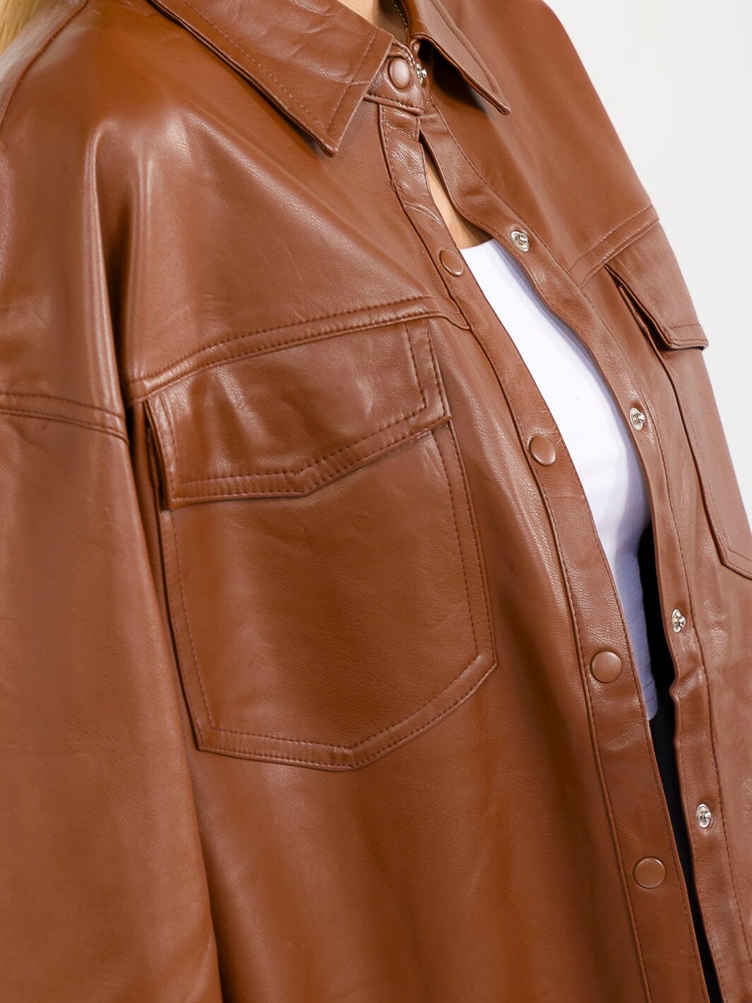 WOMEN'S LONG SLEEVE BUTTON CLOSURE FRONT POCKETS PU PLEATHER JACKET