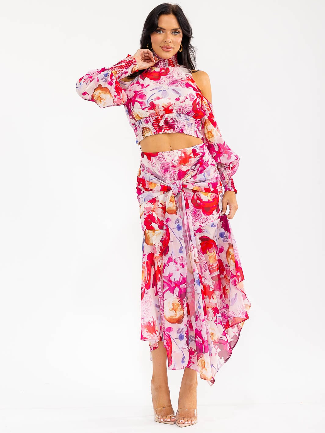 WOMEN'S LONG SLEEVE CROP TOP & ZIP UP MAXI SKIRT FLORAL PRINT 2PC. SET