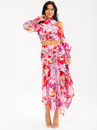 WOMEN'S LONG SLEEVE CROP TOP & ZIP UP MAXI SKIRT FLORAL PRINT 2PC. SET
