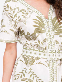 WOMEN'S SHORT SLEEVE BUTTON UP FRONT POCKETS LEAF PRINT MAXI DRESS