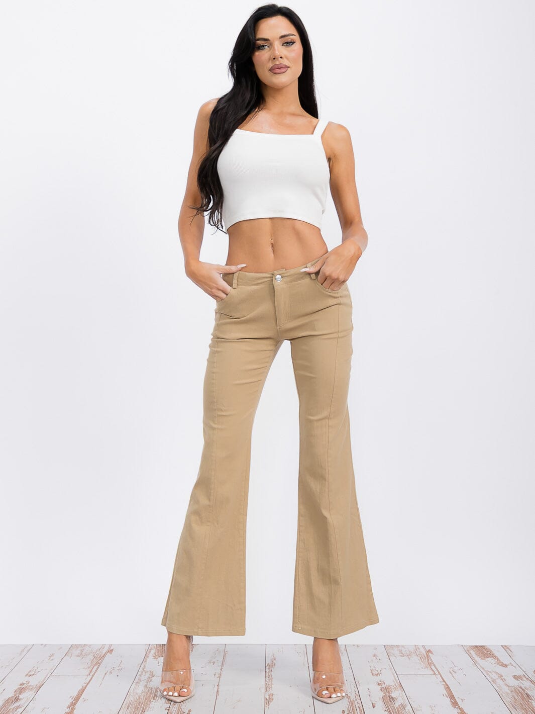 WOMEN'S BUTTON CLOSURE POCKETS BELL LEG PANTS