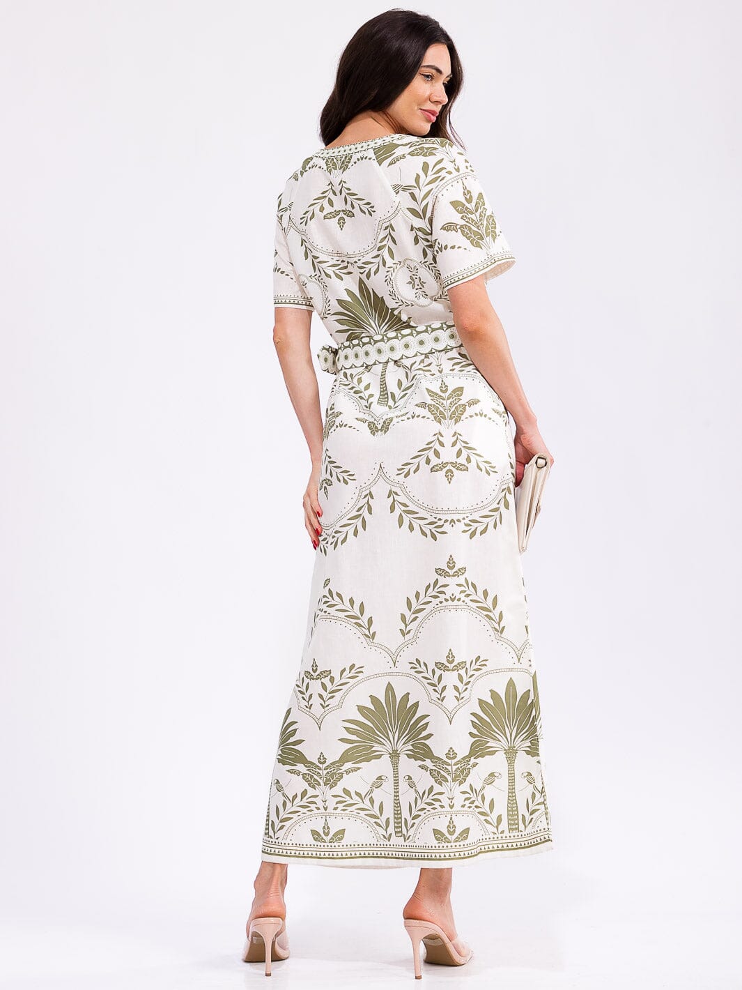 WOMEN'S SHORT SLEEVE BUTTON UP FRONT POCKETS LEAF PRINT MAXI DRESS