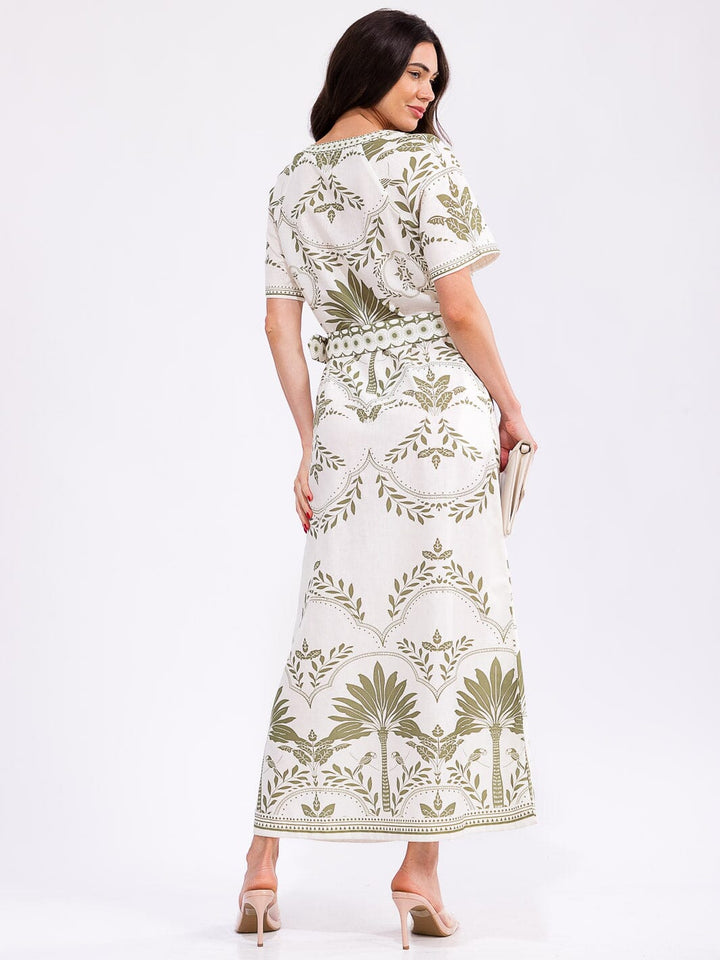 WOMEN'S SHORT SLEEVE BUTTON UP FRONT POCKETS LEAF PRINT MAXI DRESS