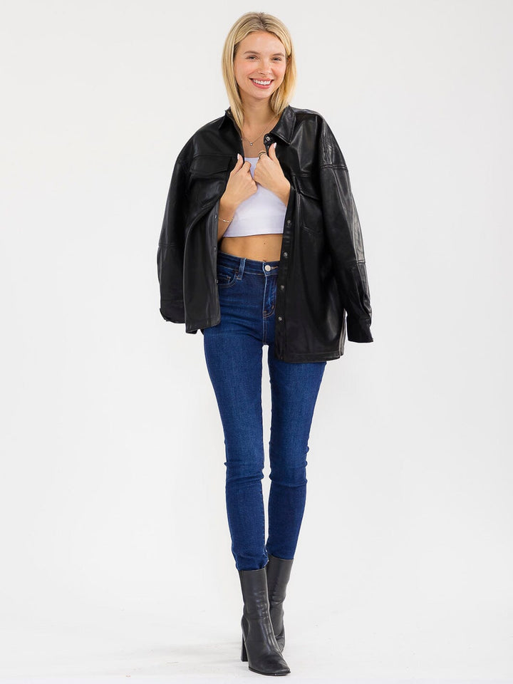 WOMEN'S LONG SLEEVE BUTTON CLOSURE FRONT POCKETS PU PLEATHER JACKET