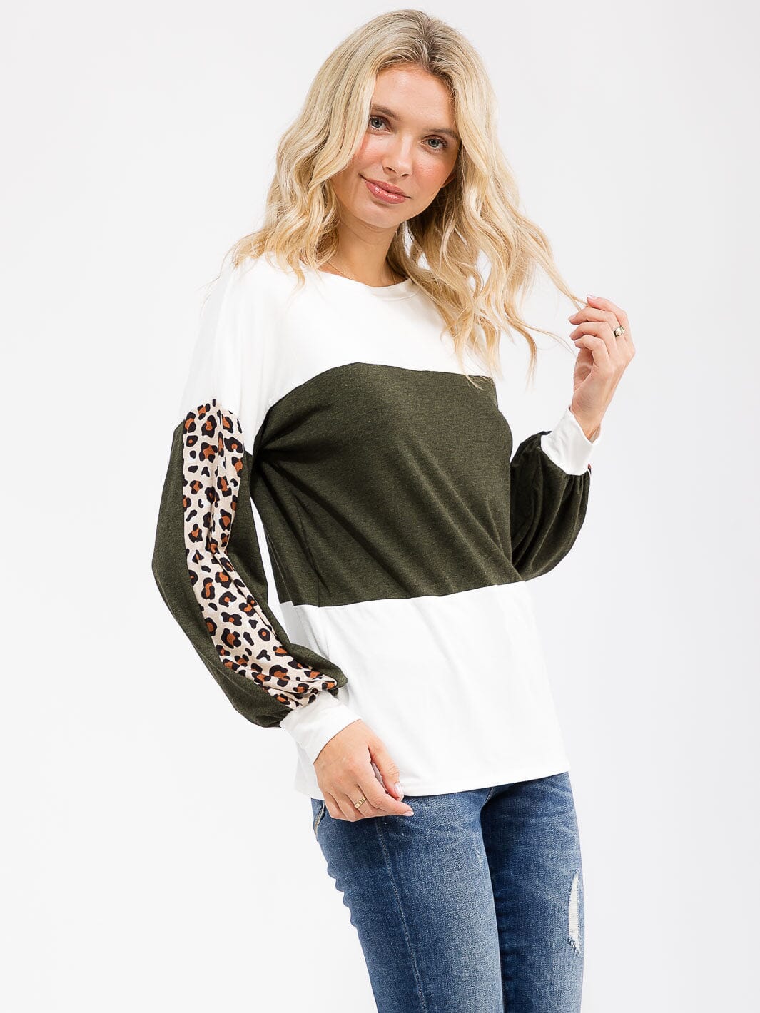 WOMEN'S LONG SLEEVE ANIMAL PRINT COLORBLOCK LOOSE FIT TOP