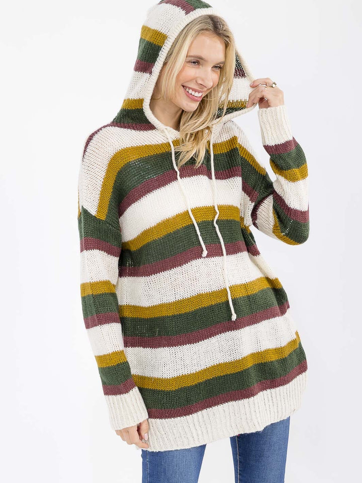 WOMEN'S LONG SLEEVE HOODED OVERSIZED PULLOVER COLORBLOCK STRIPES SWEATER