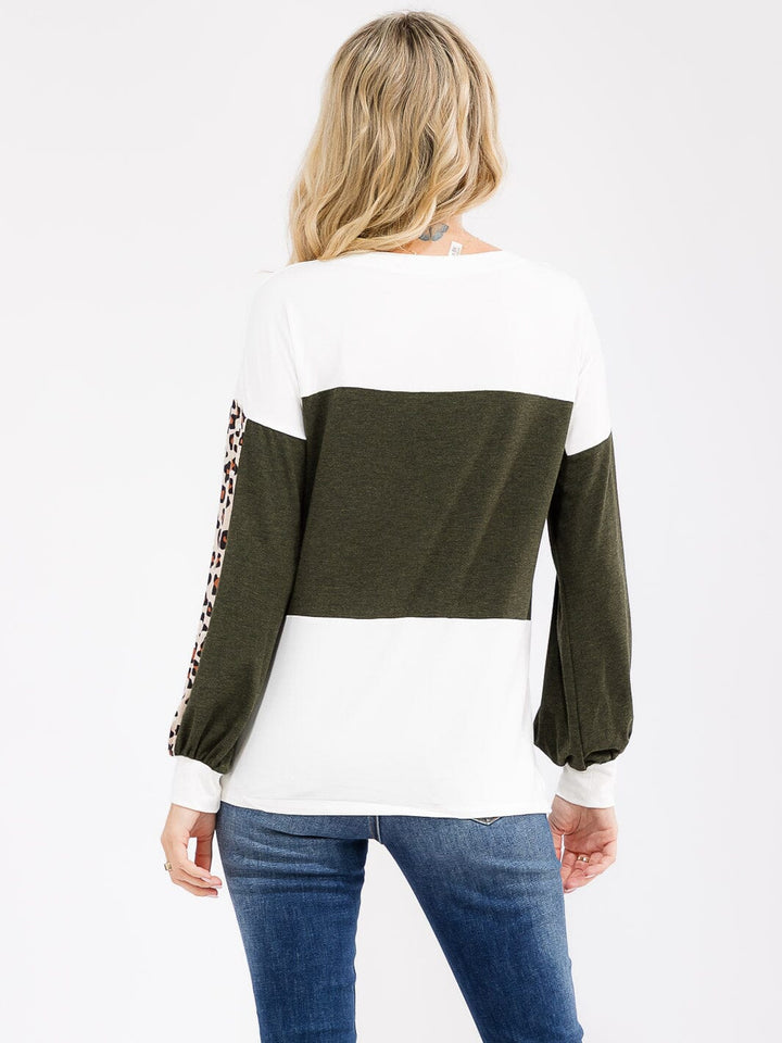 WOMEN'S LONG SLEEVE ANIMAL PRINT COLORBLOCK LOOSE FIT TOP