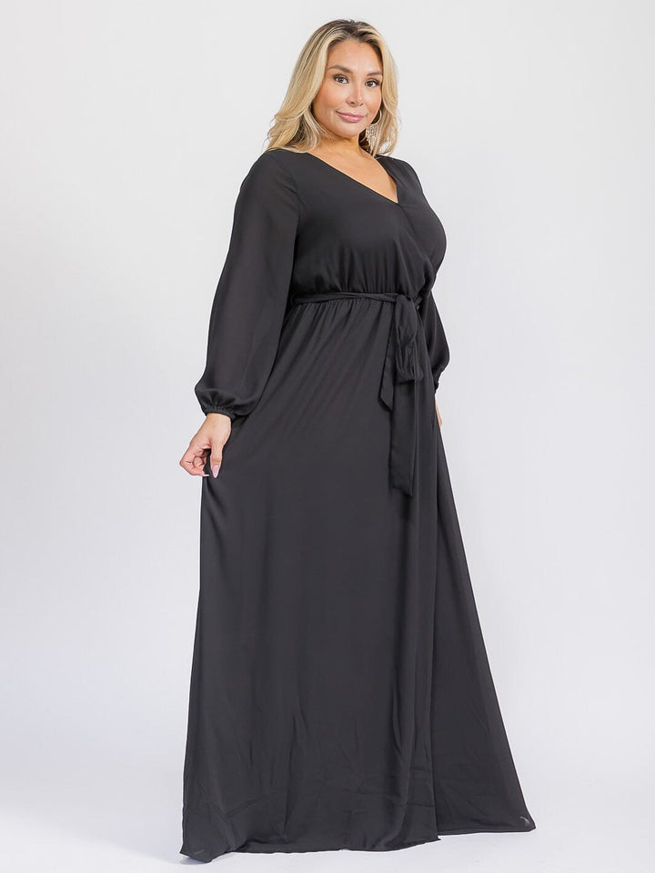 PUS SIZE LONG SLEEVE SELF TIE SURPLICE MAXI GOWN DRESS