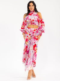 WOMEN'S LONG SLEEVE CROP TOP & ZIP UP MAXI SKIRT FLORAL PRINT 2PC. SET