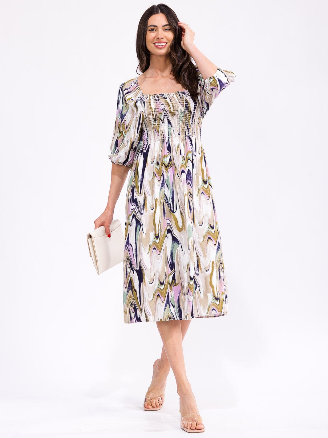 WOMEN'S SHORT SLEEVE SQUARE NECK SMOCK MULTI PRINT MIDI DRESS