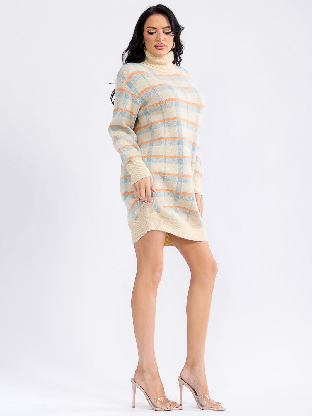 WOMEN'S LONG SLEEVE TURTLE NECK COLORBLOCK SWEATER MINI DRESS