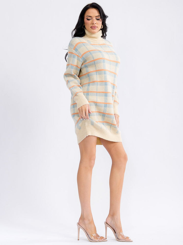 WOMEN'S LONG SLEEVE TURTLE NECK COLORBLOCK SWEATER MINI DRESS