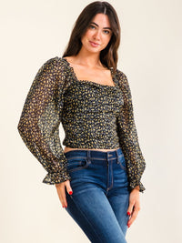 ENTRO WOMEN'S LONG SLEEVE SQUARE NECK RUCHED FLORAL PRINT BLOUSE
