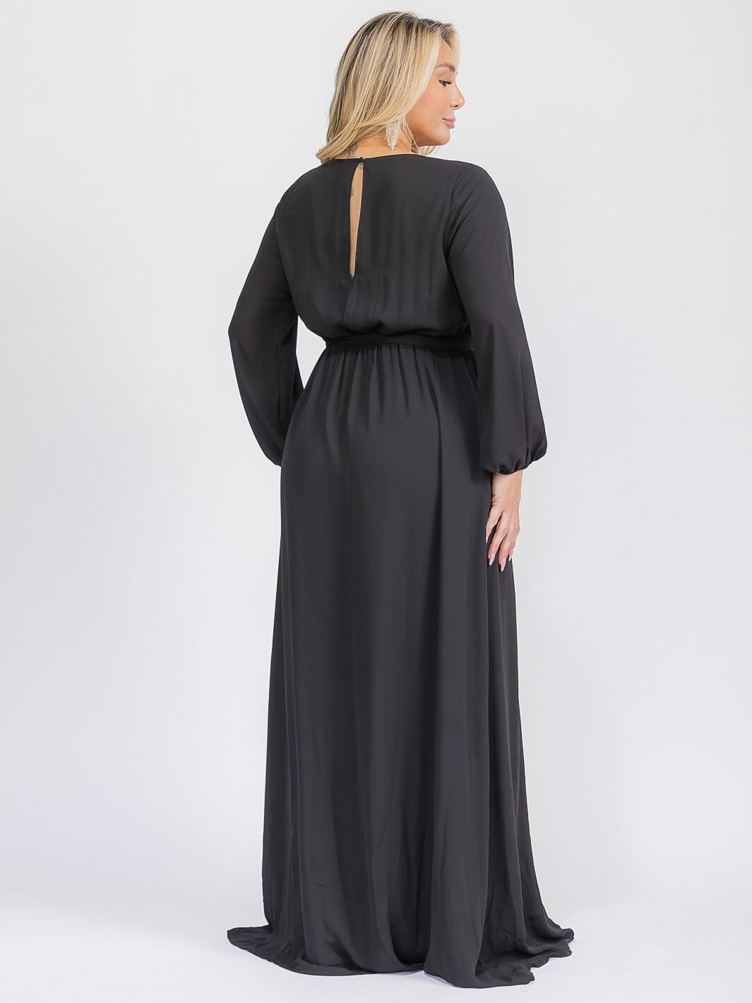 PUS SIZE LONG SLEEVE SELF TIE SURPLICE MAXI GOWN DRESS