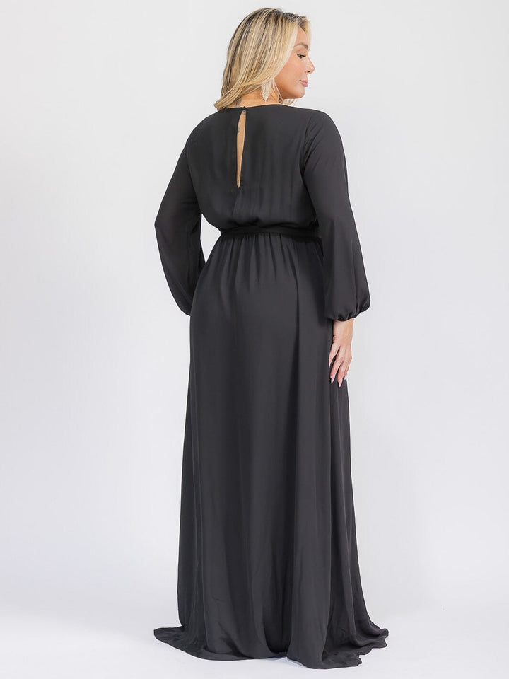 PUS SIZE LONG SLEEVE SELF TIE SURPLICE MAXI GOWN DRESS