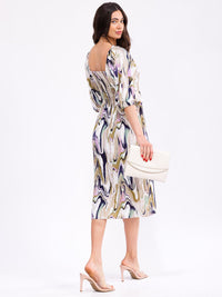 WOMEN'S SHORT SLEEVE SQUARE NECK SMOCK MULTI PRINT MIDI DRESS