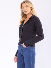 WOMEN'S LONG SLEEVE BUTTON CLOSURE V-NECK RIBBED TOP
