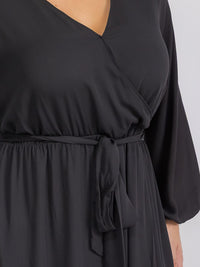 PUS SIZE LONG SLEEVE SELF TIE SURPLICE MAXI GOWN DRESS