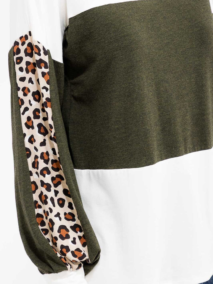 WOMEN'S LONG SLEEVE ANIMAL PRINT COLORBLOCK LOOSE FIT TOP