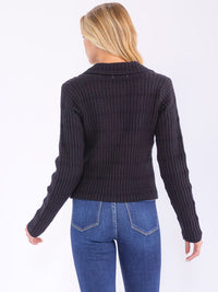 WOMEN'S LONG SLEEVE BUTTON CLOSURE V-NECK RIBBED TOP