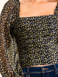 ENTRO WOMEN'S LONG SLEEVE SQUARE NECK RUCHED FLORAL PRINT BLOUSE