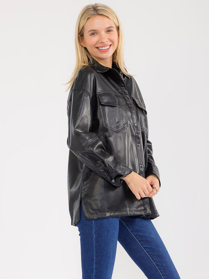 WOMEN'S LONG SLEEVE BUTTON CLOSURE FRONT POCKETS PU PLEATHER JACKET