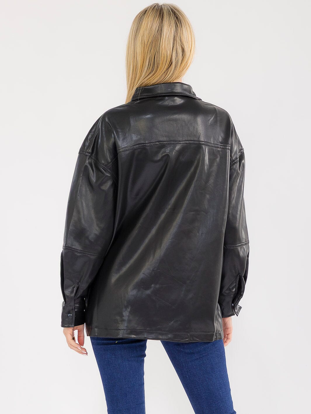 WOMEN'S LONG SLEEVE BUTTON CLOSURE FRONT POCKETS PU PLEATHER JACKET