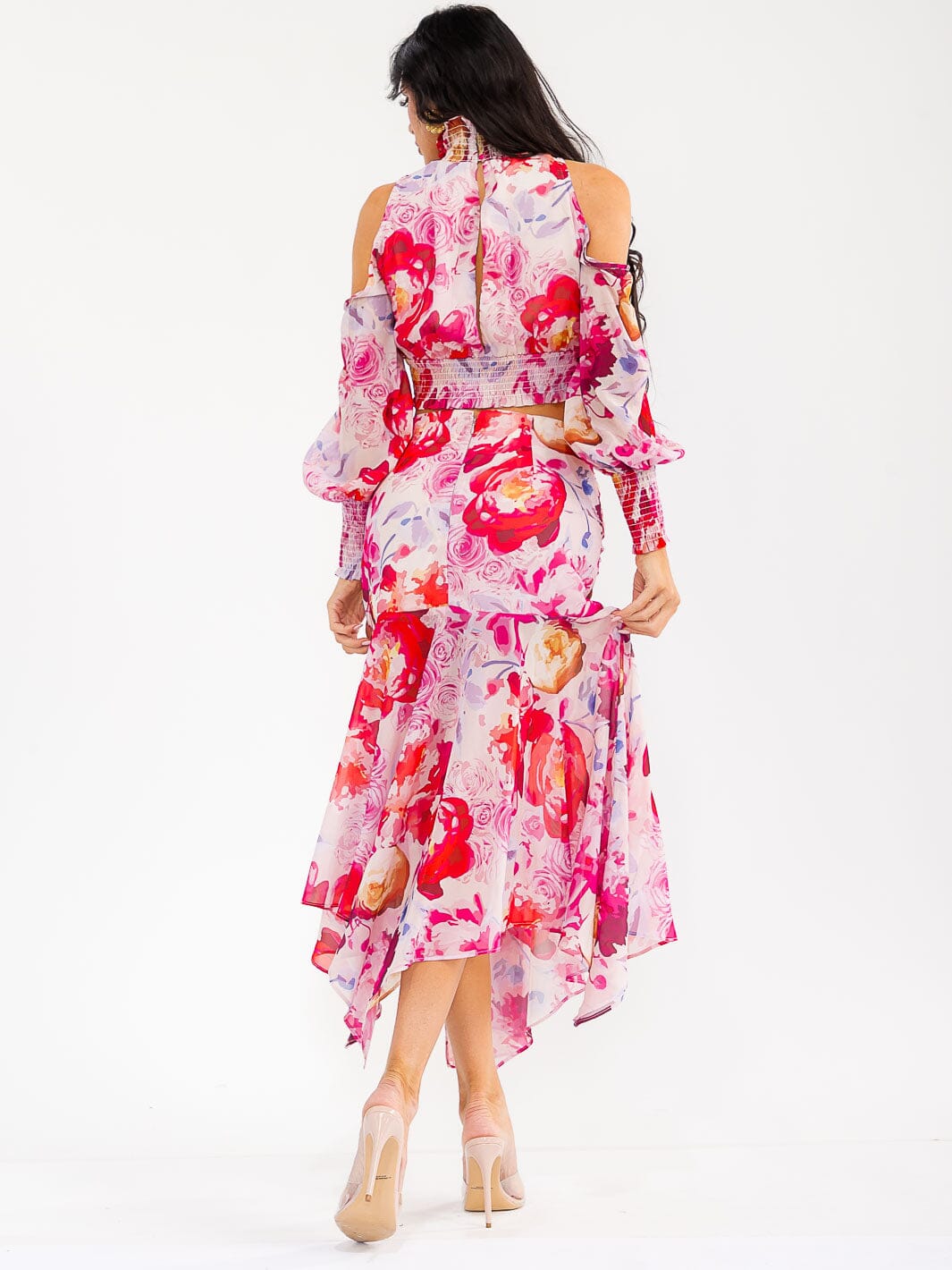 WOMEN'S LONG SLEEVE CROP TOP & ZIP UP MAXI SKIRT FLORAL PRINT 2PC. SET