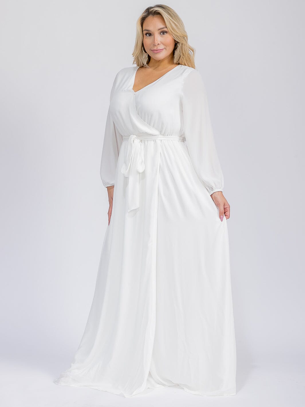 PUS SIZE LONG SLEEVE SELF TIE SURPLICE MAXI GOWN DRESS