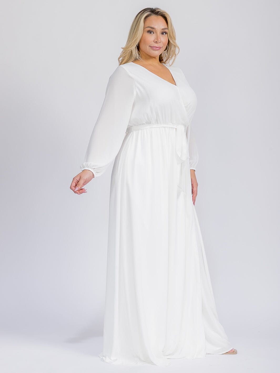 PUS SIZE LONG SLEEVE SELF TIE SURPLICE MAXI GOWN DRESS