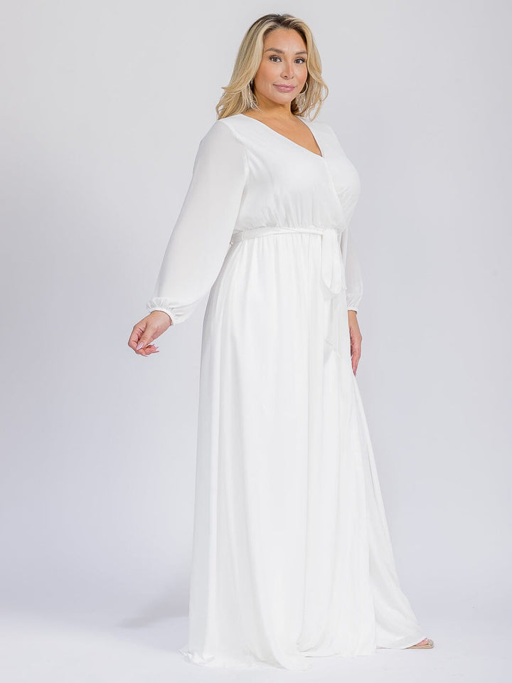 PUS SIZE LONG SLEEVE SELF TIE SURPLICE MAXI GOWN DRESS