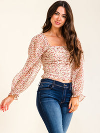 ENTRO WOMEN'S LONG SLEEVE SQUARE NECK RUCHED FLORAL PRINT BLOUSE