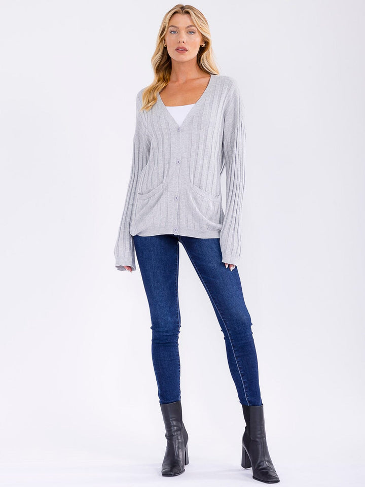 WOMEN'S LONG SLEEVE BUTTON CLOSURE FRONT POCKETS RIBBED SWEATER