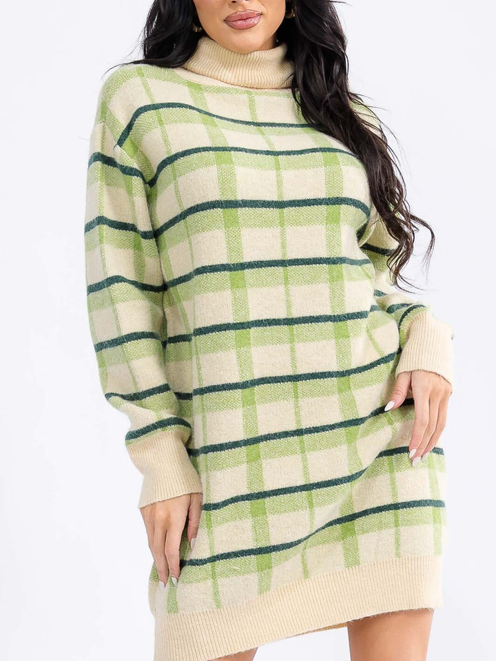 WOMEN'S LONG SLEEVE TURTLE NECK COLORBLOCK SWEATER MINI DRESS