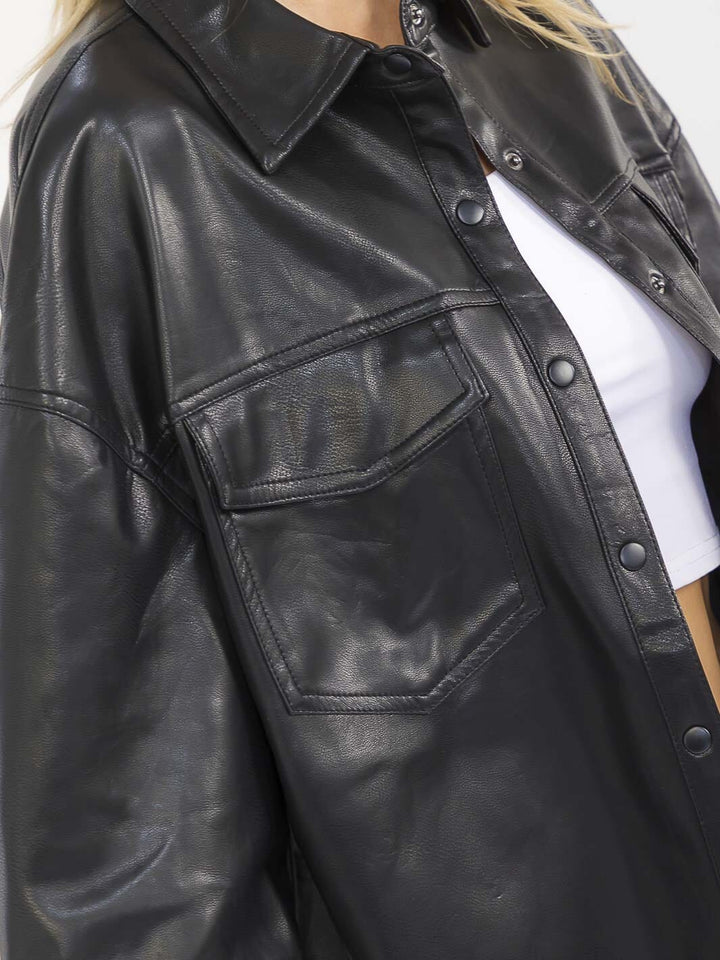WOMEN'S LONG SLEEVE BUTTON CLOSURE FRONT POCKETS PU PLEATHER JACKET