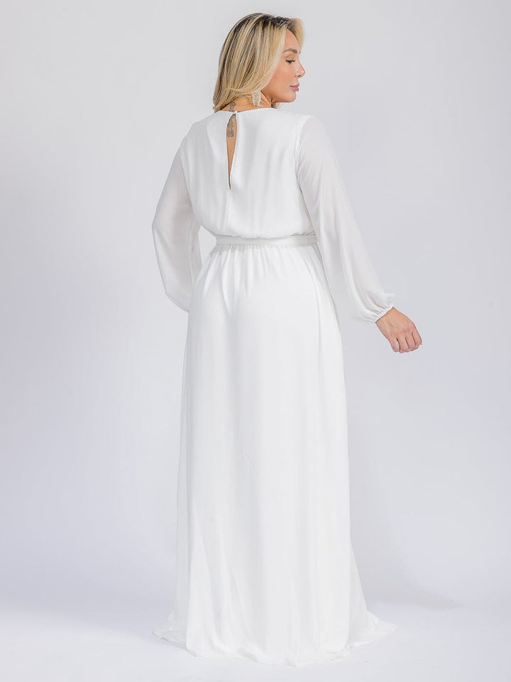 PUS SIZE LONG SLEEVE SELF TIE SURPLICE MAXI GOWN DRESS