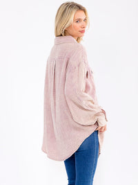WOMEN'S LONG SLEEVE BUTTON UP FRONT POCKETS WASHED OVERSIZED SHIRT