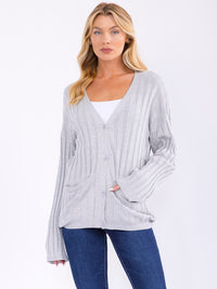 WOMEN'S LONG SLEEVE BUTTON CLOSURE FRONT POCKETS RIBBED SWEATER