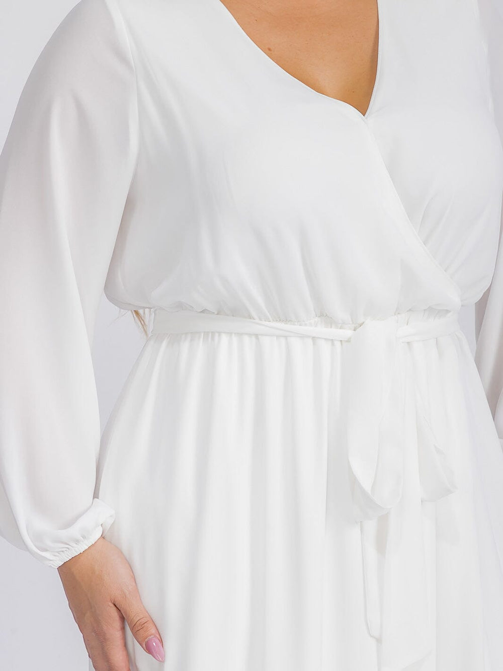 PUS SIZE LONG SLEEVE SELF TIE SURPLICE MAXI GOWN DRESS