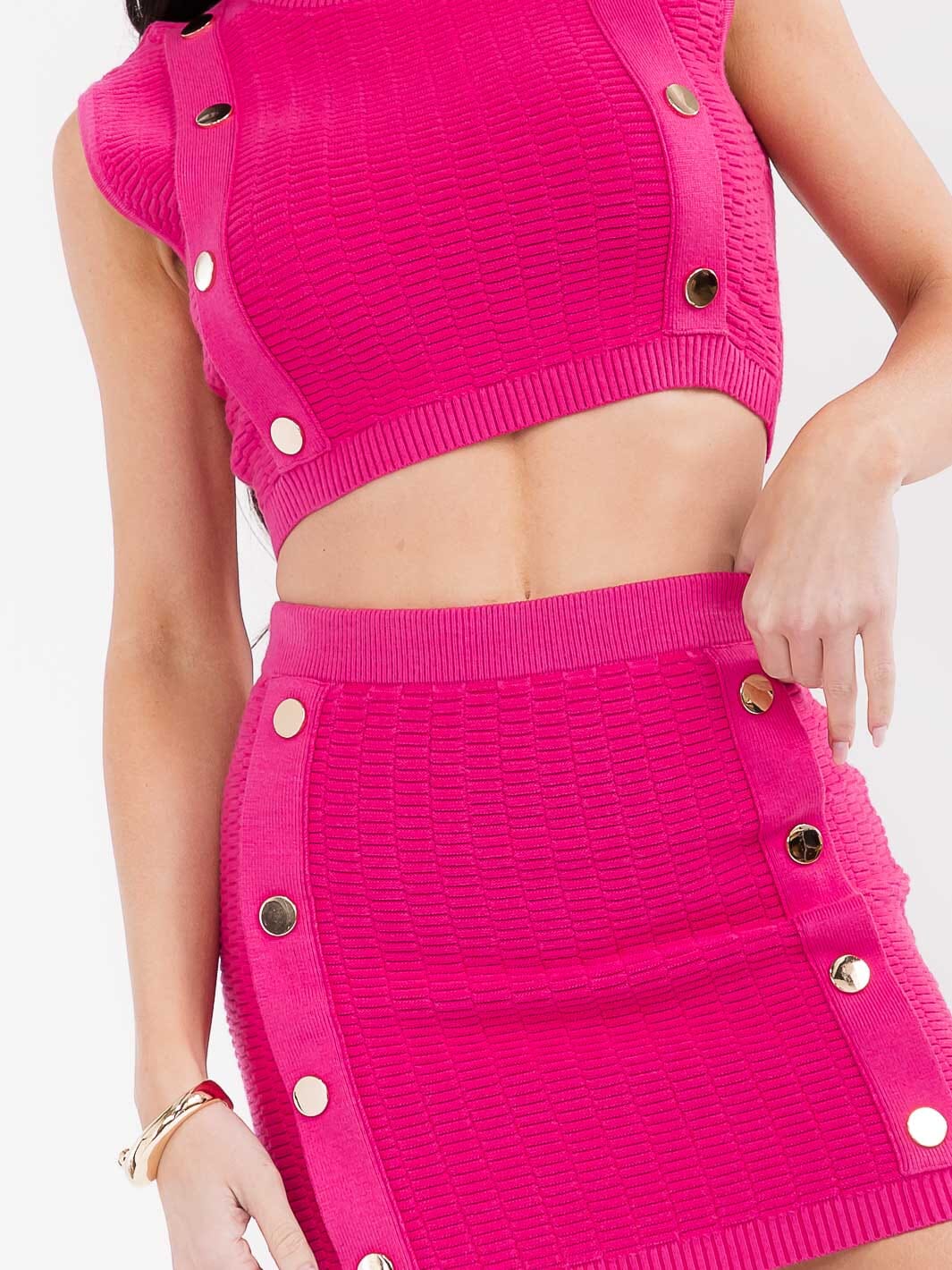 WOMEN'S SLEEVELESS TOP & ELASTIC WAIST MINI SKIRT BUTTON KNIT 2PC. SET