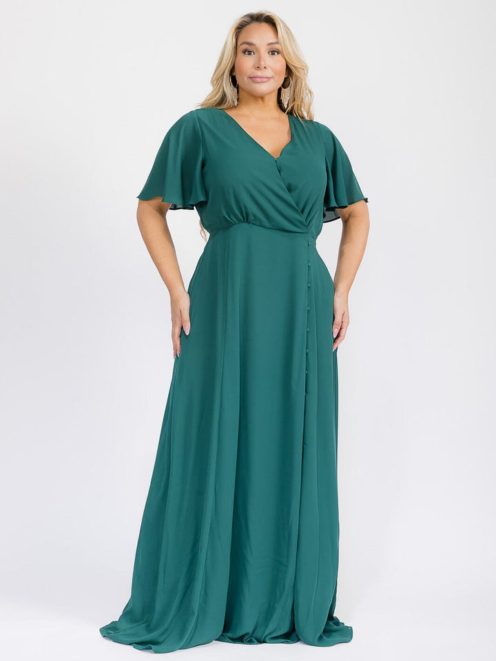PUS SIZE SHORT SLEEVE V-NECK SURPLICE FRONT SLIT MAXI GOWN DRESS
