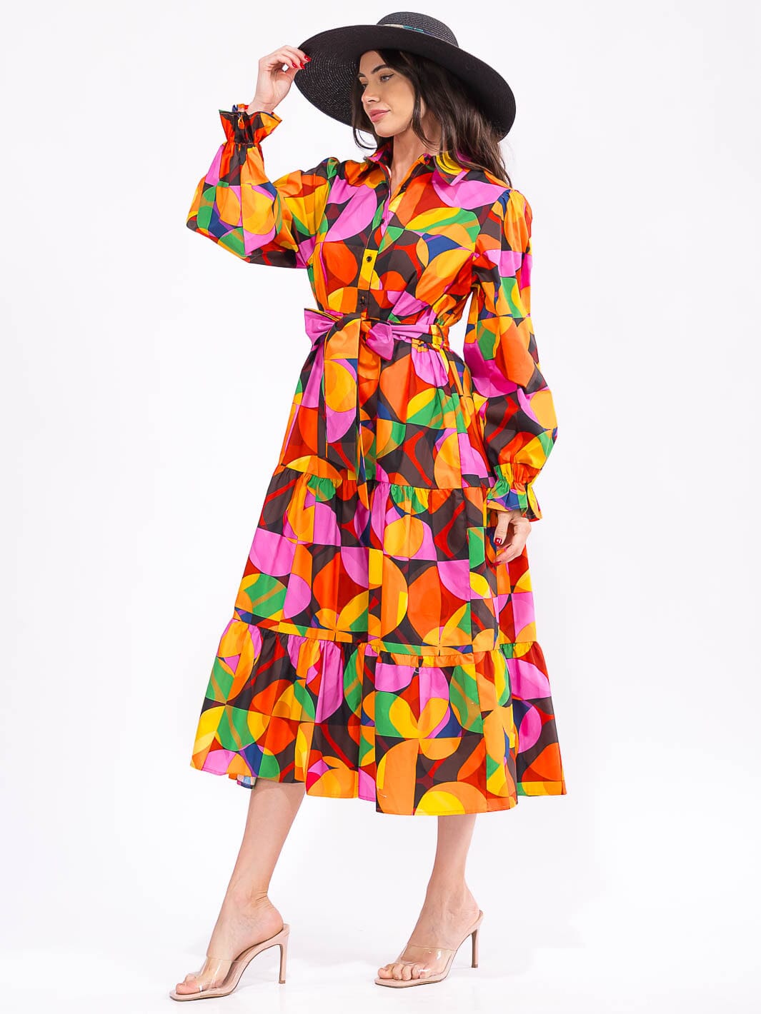 WOMEN'S LONG SLEEVE BUTTON UP POCKETS TIERED COLORBLOCK MAXI DRESS