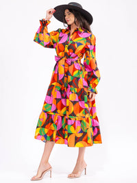 WOMEN'S LONG SLEEVE BUTTON UP POCKETS TIERED COLORBLOCK MAXI DRESS
