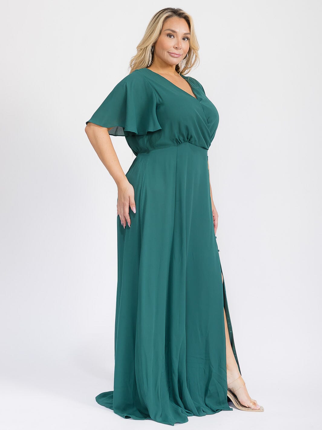 PUS SIZE SHORT SLEEVE V-NECK SURPLICE FRONT SLIT MAXI GOWN DRESS