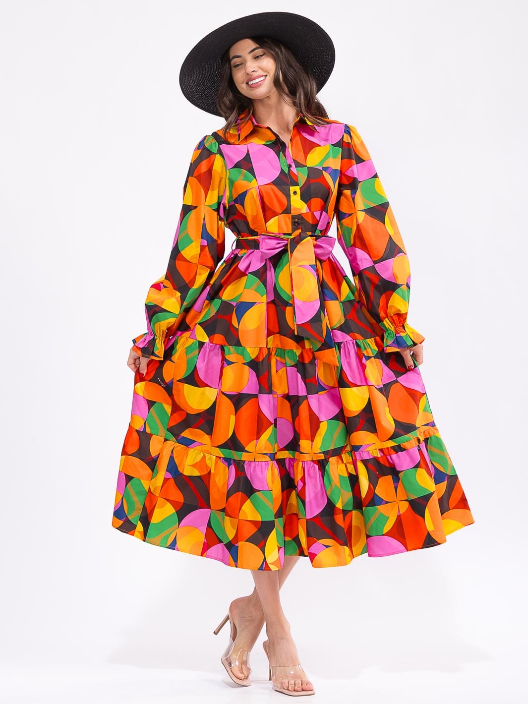 WOMEN'S LONG SLEEVE BUTTON UP POCKETS TIERED COLORBLOCK MAXI DRESS