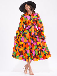 WOMEN'S LONG SLEEVE BUTTON UP POCKETS TIERED COLORBLOCK MAXI DRESS