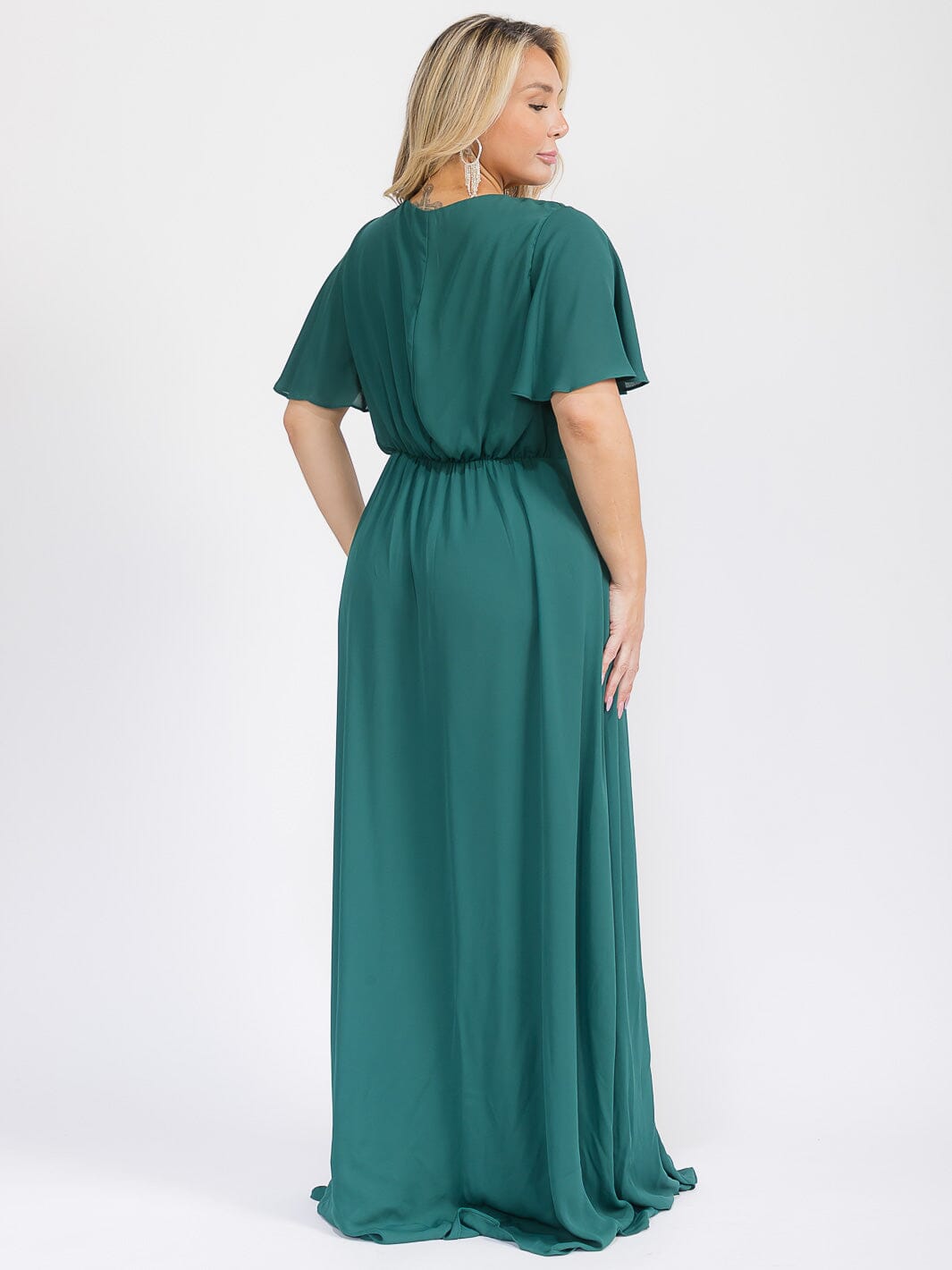 PUS SIZE SHORT SLEEVE V-NECK SURPLICE FRONT SLIT MAXI GOWN DRESS