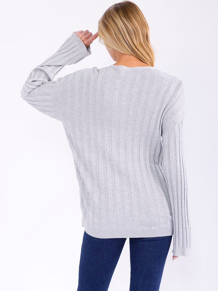 WOMEN'S LONG SLEEVE BUTTON CLOSURE FRONT POCKETS RIBBED SWEATER